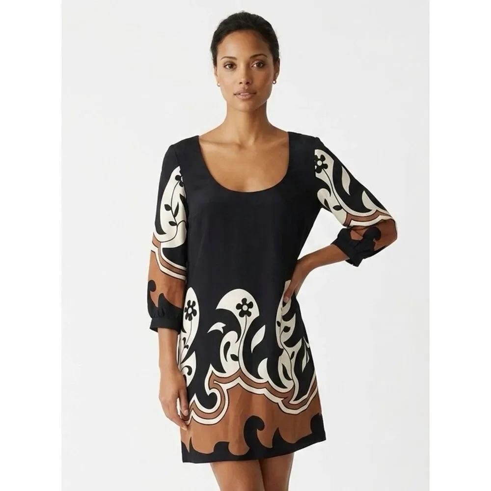 TIBI | Paper Moon Black & Brown Long Sleeve 100% Silk Dress Women’s Size 12
